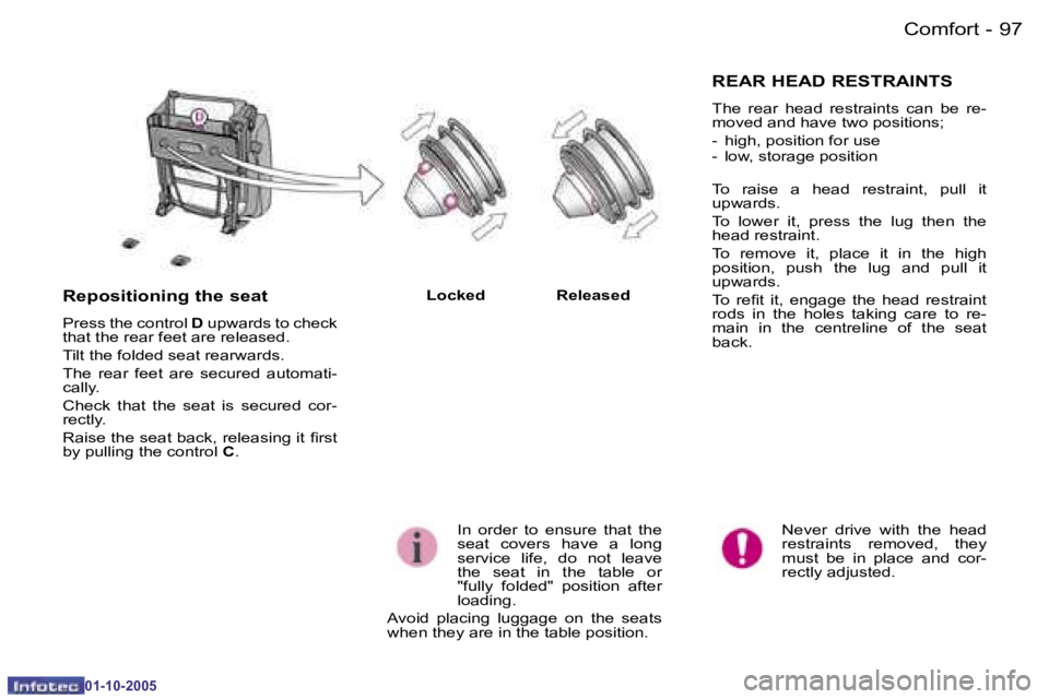 PEUGEOT 1007 2005.5  Owners Manual �9�6 �-�C�o�m�f�o�r�t
�0�1�-�1�0�-�2�0�0�5
�9�7
�-�C�o�m�f�o�r�t
�0�1�-�1�0�-�2�0�0�5
�N�e�v�e�r�  �d�r�i�v�e�  �w�i�t�h�  �t�h�e�  �h�e�a�d�  
�r�e�s�t�r�a�i�n�t�s�  �r�e�m�o�v�e�d�,�  �t�h�e�y� 
�m�