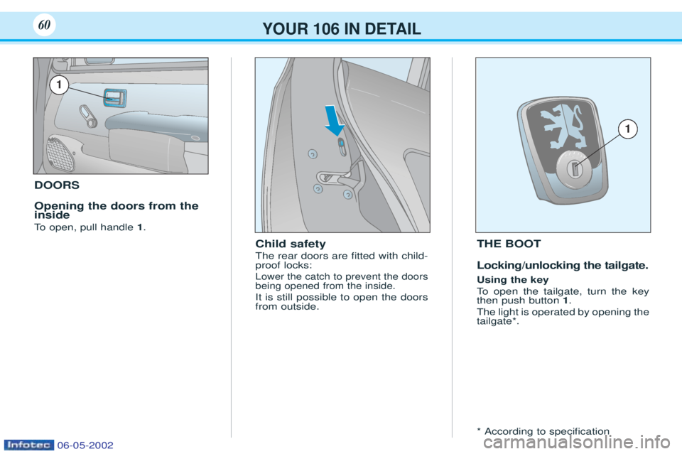 PEUGEOT 106 2001.5  Owners Manual DOORS Opening the doors from the inside 
To  open, pull handle  1.
Child safety The rear doors are Þtted with child- proof locks:
Lower the catch to prevent the doorsbeing opened from the inside.
It 