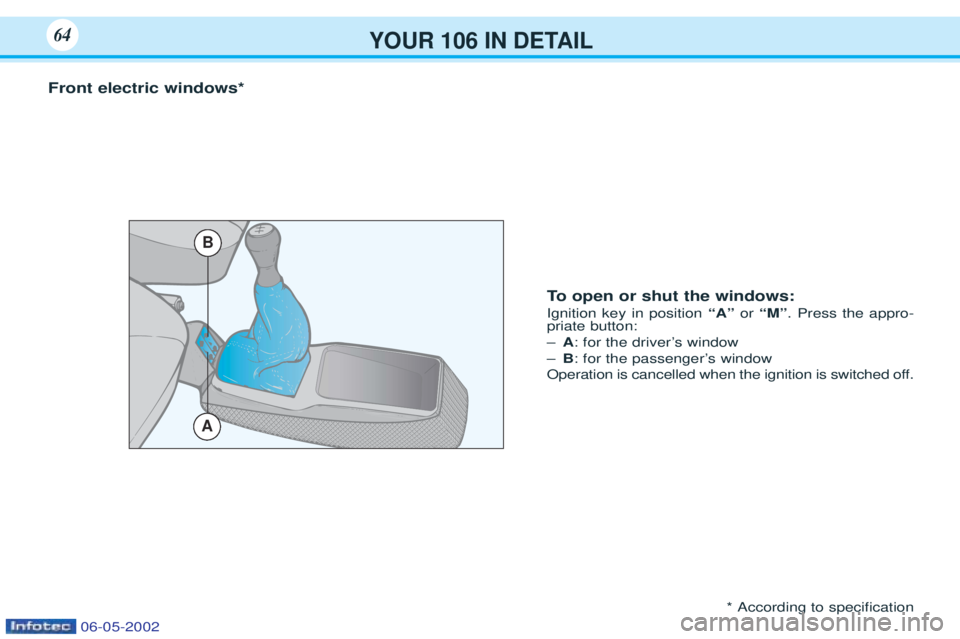 PEUGEOT 106 2001.5 Repair Manual YOUR 106 IN DETAIL64
Front electric windows*To open or shut the windows:
Ignition key in position “A”or “M” . Press the appro-
priate button: Ð A: for the driverÕs window
Ð B: for the p PEUGEOT 106 2001.5 Repair Manual YOUR 106 IN DETAIL64
Front electric windows*To open or shut the windows:
Ignition key in position “A”or “M” . Press the appro-
priate button: Ð A: for the driverÕs window
Ð B: for the p