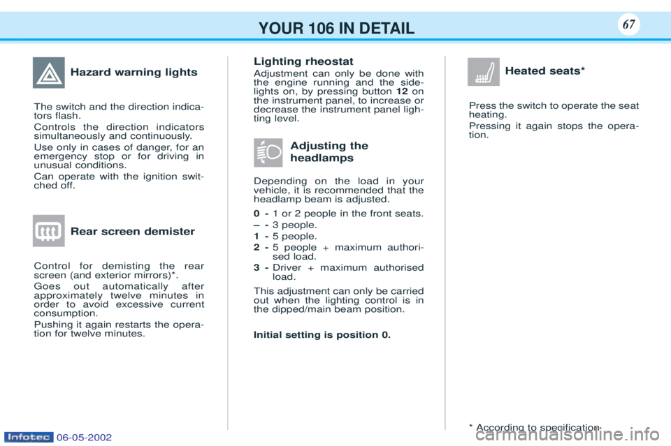 PEUGEOT 106 2001.5  Owners Manual Heated seats*
Press the switch to operate the seat heating. Pressing it again stops the opera- tion. * According to speciÞcation
Lighting rheostat Adjustment can only be done with the engine running 