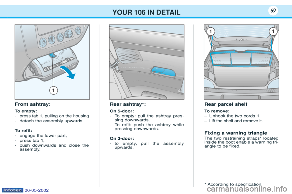 PEUGEOT 106 2001.5 Manual PDF Front ashtray:
To empty:
-
press tab 1, pulling on the housing
- detach the assembly upwards.
To r e fit:
- engage the lower part,
- press tab 1,
- push downwards and close the
assembly. Rear a PEUGEOT 106 2001.5 Manual PDF Front ashtray:
To empty:
-
press tab 1, pulling on the housing
- detach the assembly upwards.
To r e fit:
- engage the lower part,
- press tab 1,
- push downwards and close the
assembly. Rear a