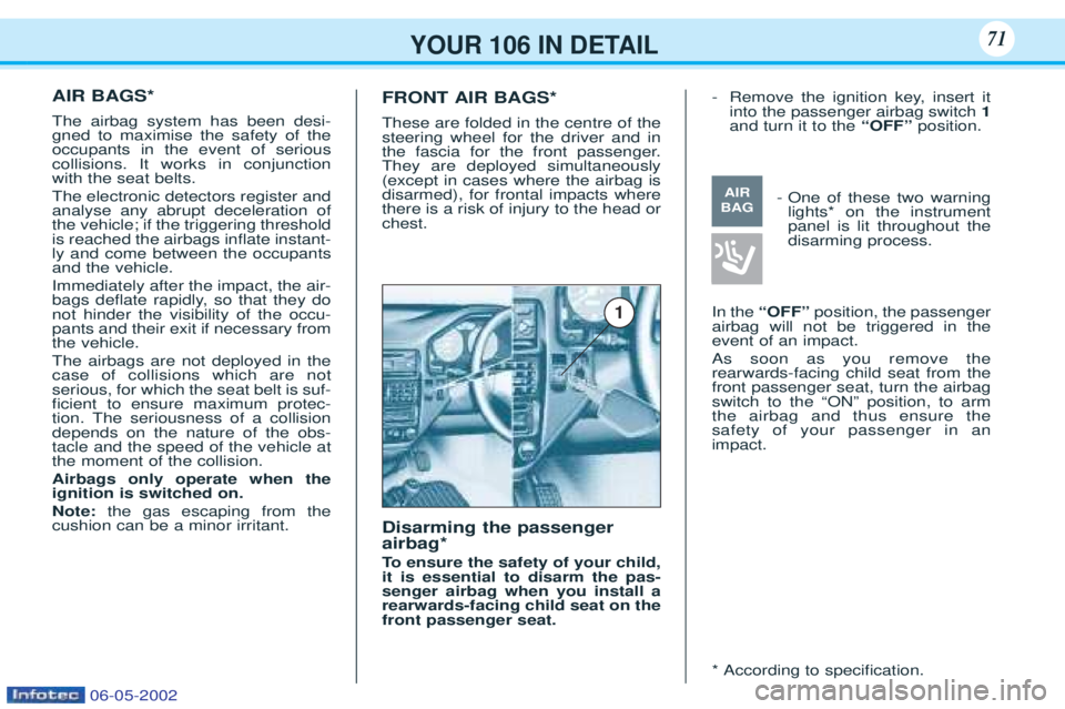 PEUGEOT 106 2001.5  Owners Manual YOUR 106 IN DETAIL71
AIR BAGS* The airbag system has been desi- gned to maximise the safety of theoccupants in the event of seriouscollisions. It works in conjunctionwith the seat belts. The electroni