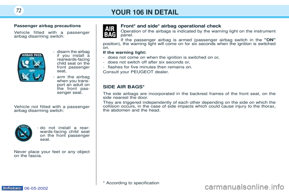 PEUGEOT 106 2001.5 Manual PDF YOUR 106 IN DETAIL72
Passenger airbag precautions Vehicle fitted with a passenger
airbag disarming switch:
- disarm the airbag if you install arearwards-facingchild seat on thefront passengerseat,
-ar PEUGEOT 106 2001.5 Manual PDF YOUR 106 IN DETAIL72
Passenger airbag precautions Vehicle fitted with a passenger
airbag disarming switch:
- disarm the airbag if you install arearwards-facingchild seat on thefront passengerseat,
-ar