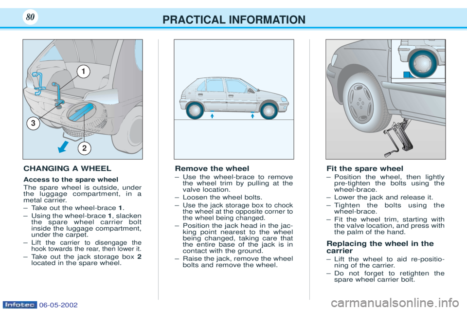 PEUGEOT 106 2001.5 Manual Online PRACTICAL INFORMATION80
CHANGING A WHEEL Access to the spare wheel The spare wheel is outside, under the luggage compartment, in a
metal carrier. ÐTake out the wheel-brace 1.
Ð Using the wheel-brac PEUGEOT 106 2001.5 Manual Online PRACTICAL INFORMATION80
CHANGING A WHEEL Access to the spare wheel The spare wheel is outside, under the luggage compartment, in a
metal carrier. ÐTake out the wheel-brace 1.
Ð Using the wheel-brac