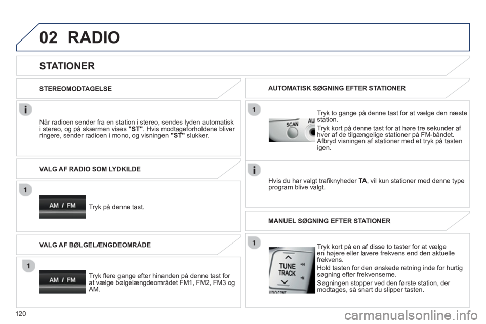 PEUGEOT 107 2012 Brugsanvisning (in Danish) 02
120
RADIO
STATIONER
Når radioen sender fra en station i stereo, sendes lyden automatisk
i stereo, og på skærmen vises "ST". Hvis modtageforholdene bliver ringere, sender radio PEUGEOT 107 2012 Brugsanvisning (in Danish) 02
120
RADIO
STATIONER
Når radioen sender fra en station i stereo, sendes lyden automatisk
i stereo, og på skærmen vises "ST". Hvis modtageforholdene bliver ringere, sender radio