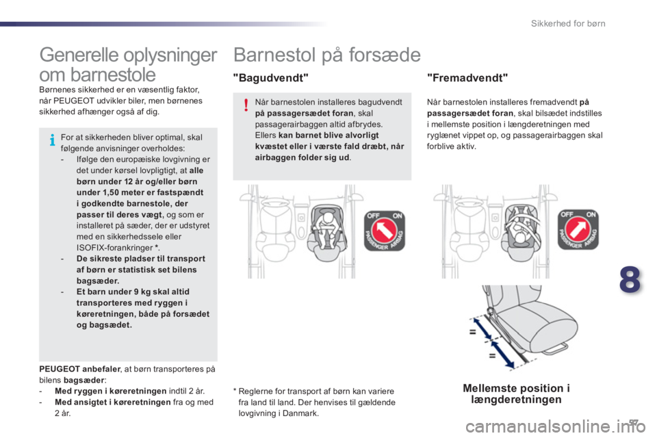 PEUGEOT 107 2012 Brugsanvisning (in Danish) 8
57 Sikkerhed for børn
Barnestol på forsæde
*
Reglerne for transport af børn kan variere fra land til land. Der henvises til gældende lovgivning i Danmark.
Generelle o PEUGEOT 107 2012 Brugsanvisning (in Danish) 8
57 Sikkerhed for børn
Barnestol på forsæde
*
Reglerne for transport af børn kan variere fra land til land. Der henvises til gældende lovgivning i Danmark.
Generelle o