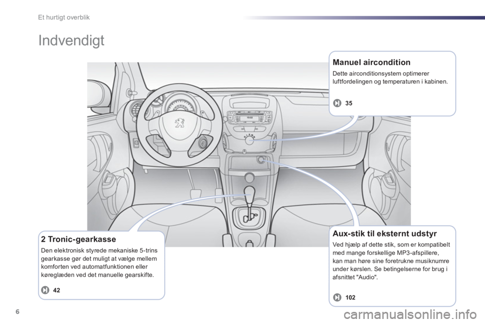 PEUGEOT 107 2012  Brugsanvisning (in Danish) Et hur tigt overblik
6
   
Manuel aircondition 
 
Dette airconditionsystem optimerer 
luftfordelingen og temperaturen i kabinen. 
 
 
2 Tronic-gearkasse
 Den elektronisk styrede mekaniske 5 -trinsgear