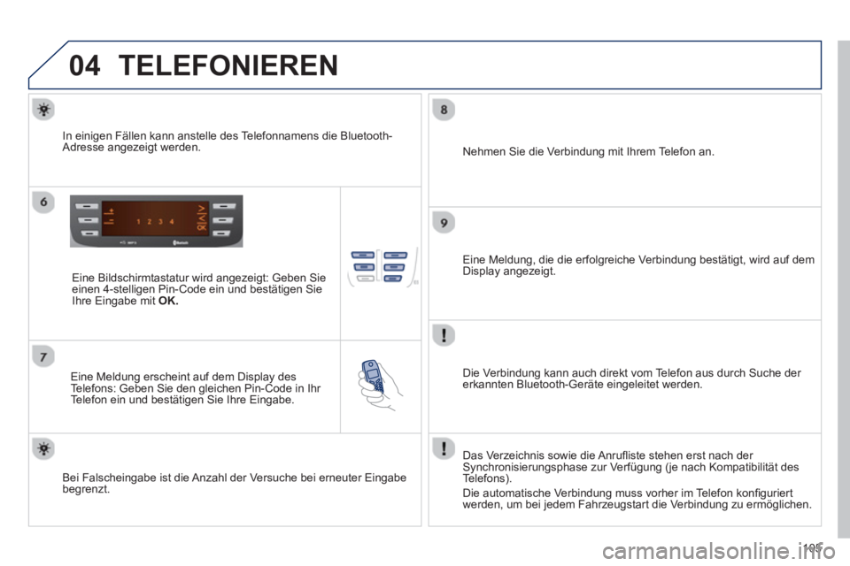 PEUGEOT 107 2012 Betriebsanleitungen (in German) 04
105
TELEFONIEREN
Eine Bildschirmtastatur wird angezeigt: Geben Sieeinen 4-stelligen Pin-Code ein und bestätigen SieIhre Eingabe mit OK.
Eine Meldung erscheint auf dem Display des
Telefons PEUGEOT 107 2012 Betriebsanleitungen (in German) 04
105
TELEFONIEREN
Eine Bildschirmtastatur wird angezeigt: Geben Sieeinen 4-stelligen Pin-Code ein und bestätigen SieIhre Eingabe mit OK.
Eine Meldung erscheint auf dem Display des
Telefons