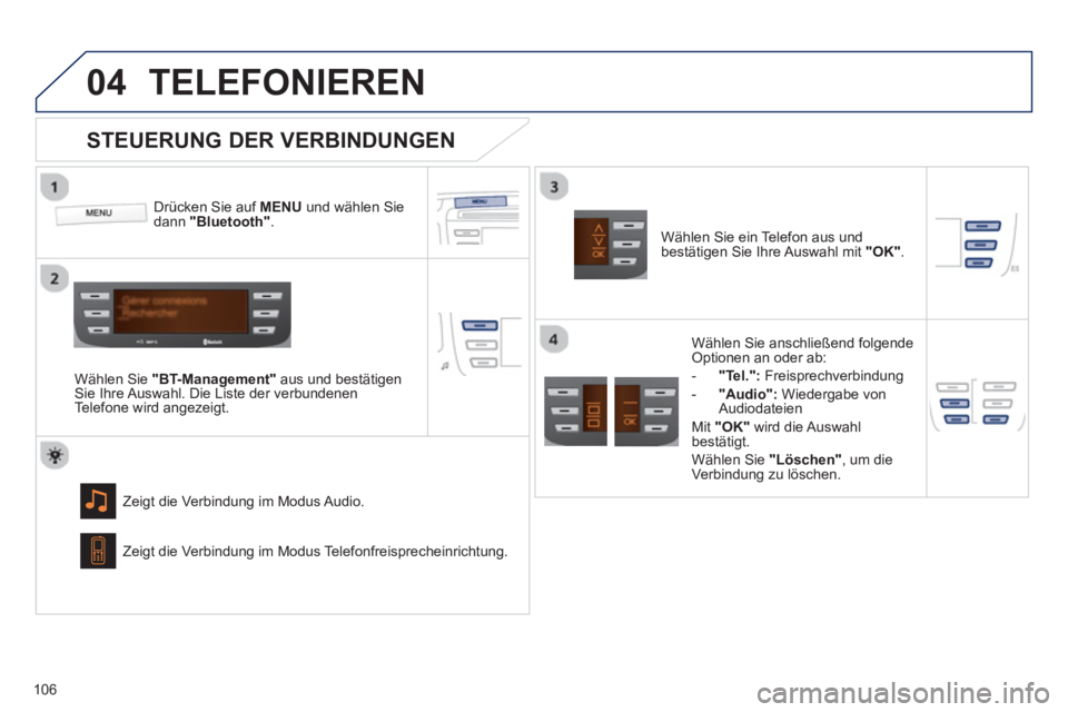 PEUGEOT 107 2012 Betriebsanleitungen (in German)
04
106
TELEFONIEREN
Drücken Sie auf MENU und wählen Sie dann "Bluetooth".
Wählen Sie "BT-Management"
aus und bestätigenSie Ihre Auswahl. Die Liste der verbundenen
Telefone wird angezeigt.
Z PEUGEOT 107 2012 Betriebsanleitungen (in German)
04
106
TELEFONIEREN
Drücken Sie auf MENU und wählen Sie dann "Bluetooth".
Wählen Sie "BT-Management"
aus und bestätigenSie Ihre Auswahl. Die Liste der verbundenen
Telefone wird angezeigt.
Z