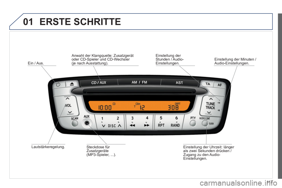 PEUGEOT 107 2012  Betriebsanleitungen (in German) 01
11 7
  ERSTE SCHRITTE 
 
 
Lautstärkeregelung.  
  Ein 
/ Aus.
Einstellun
g der Uhrzeit: länger 
als zwei Sekunden drücken / Zugang zu den Audio-Einstellungen.      
Steckdose für Zusatzgeräte