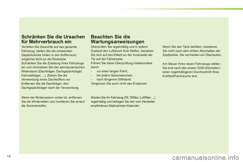 PEUGEOT 107 2012 Betriebsanleitungen (in German) 18
Schränken Sie die Ursachen
für Mehrverbrauch ein
Ver teilen Sie Gewichte auf das gesamte Fahr zeug; stellen Sie die schwerstenGepäckstücke hinten in den Kofferraum, möglichst dicht an die Rà PEUGEOT 107 2012 Betriebsanleitungen (in German) 18
Schränken Sie die Ursachen
für Mehrverbrauch ein
Ver teilen Sie Gewichte auf das gesamte Fahr zeug; stellen Sie die schwerstenGepäckstücke hinten in den Kofferraum, möglichst dicht an die RÃ
