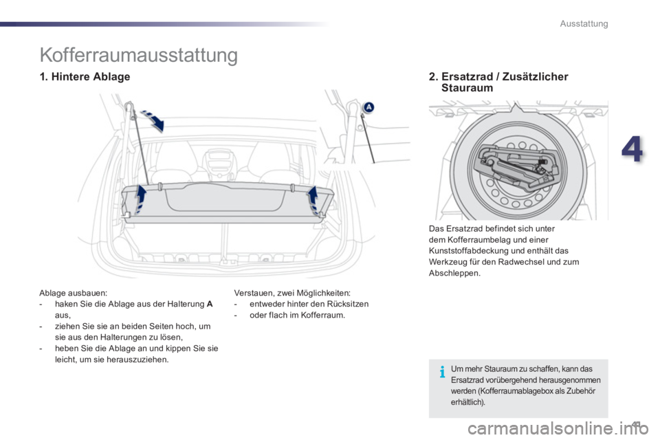 PEUGEOT 107 2012 Betriebsanleitungen (in German) 4
41 Ausstattung
Um mehr Stauraum zu schaffen, kann das Ersatzrad vorübergehend herausgenommenwerden (Kofferraumablagebox als Zubehör erhältlich).
Kof ferraumausstat PEUGEOT 107 2012 Betriebsanleitungen (in German) 4
41 Ausstattung
Um mehr Stauraum zu schaffen, kann das Ersatzrad vorübergehend herausgenommenwerden (Kofferraumablagebox als Zubehör erhältlich).
Kof ferraumausstat