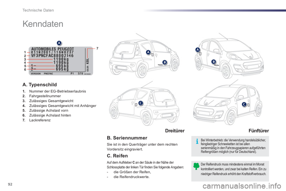 PEUGEOT 107 2012 Betriebsanleitungen (in German) Technische Daten
92
Kenndaten
B. Seriennummer
Sie ist in den Querträger unter dem rechten
Vorder sit z eingraviert.
A. Typenschild
1.
Nummer der EG-Betriebserla PEUGEOT 107 2012 Betriebsanleitungen (in German) Technische Daten
92
Kenndaten
B. Seriennummer
Sie ist in den Querträger unter dem rechten
Vorder sit z eingraviert.
A. Typenschild
1.
Nummer der EG-Betriebserla