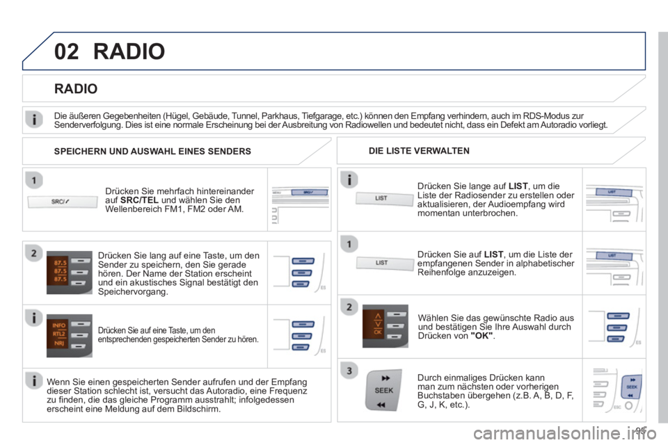 PEUGEOT 107 2012 Betriebsanleitungen (in German) 02
95
RADIO
Drücken Sie mehrfach hintereinander auf SRC/TEL und wählen Sie den Wellenbereich FM1, FM2 oder AM.
Drücken Sie auf eine Taste, um denentsprechenden gespeicherten Sender zu hören.
PEUGEOT 107 2012 Betriebsanleitungen (in German) 02
95
RADIO
Drücken Sie mehrfach hintereinander auf SRC/TEL und wählen Sie den Wellenbereich FM1, FM2 oder AM.
Drücken Sie auf eine Taste, um denentsprechenden gespeicherten Sender zu hören.