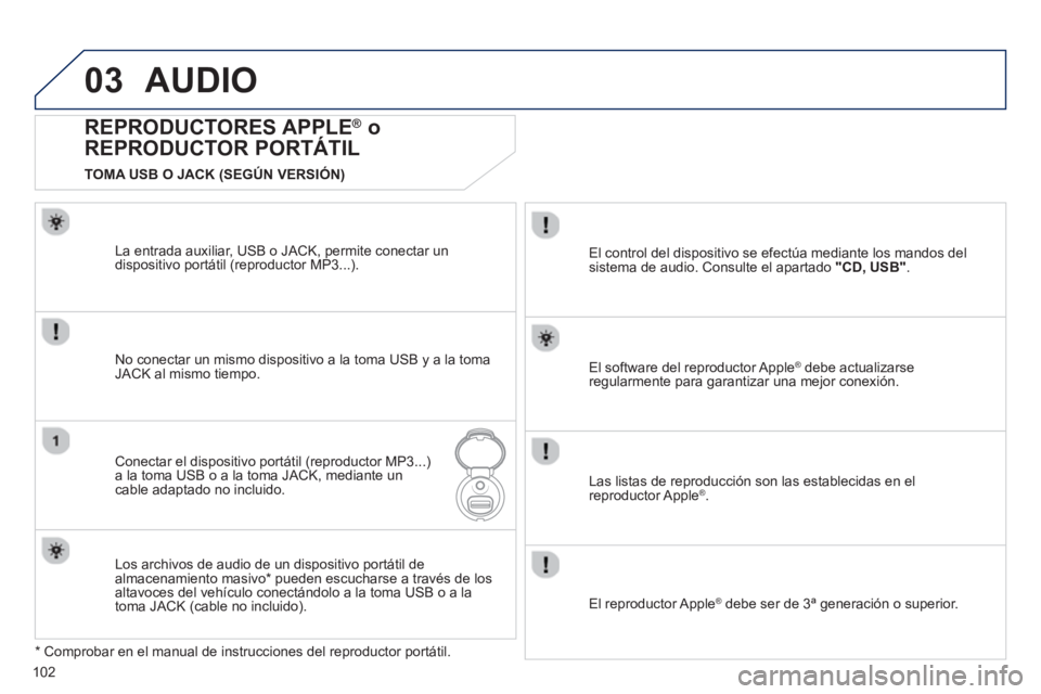 PEUGEOT 107 2012  Manual del propietario (in Spanish) 03
102
AUDIO
   
REPRODUCTORES APPLE ® 
 o 
REPRODUCTOR PORTÁTIL 
No conectar un mismo dispositivo a la toma USB y a la toma JACK al mismo tiempo.  
Conectar el dispositivo portátil (reproductor MP