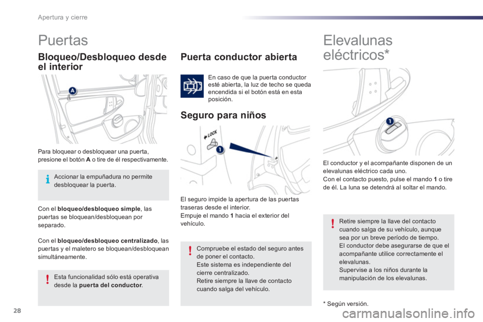 PEUGEOT 107 2012 Manual del propietario (in Spanish) 28Apertura y cierre
Elevalunas
eléctricos *
Puertas
Puerta conductor abierta
En caso de que la puer ta conductor esté abier ta, la luz de techo se queda enc PEUGEOT 107 2012 Manual del propietario (in Spanish) 28Apertura y cierre
Elevalunas
eléctricos *
Puertas
Puerta conductor abierta
En caso de que la puer ta conductor esté abier ta, la luz de techo se queda enc