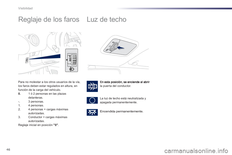PEUGEOT 107 2012 Manual del propietario (in Spanish) 46Visibilidad
Reglaje de los faros
la puerta del conductor.
La luz de techo está neutralizada
y
apagada permanentemente.
Luz de techo
Encendida permanentemente.
Pa PEUGEOT 107 2012 Manual del propietario (in Spanish) 46Visibilidad
Reglaje de los faros
la puerta del conductor.
La luz de techo está neutralizada
y
apagada permanentemente.
Luz de techo
Encendida permanentemente.
Pa