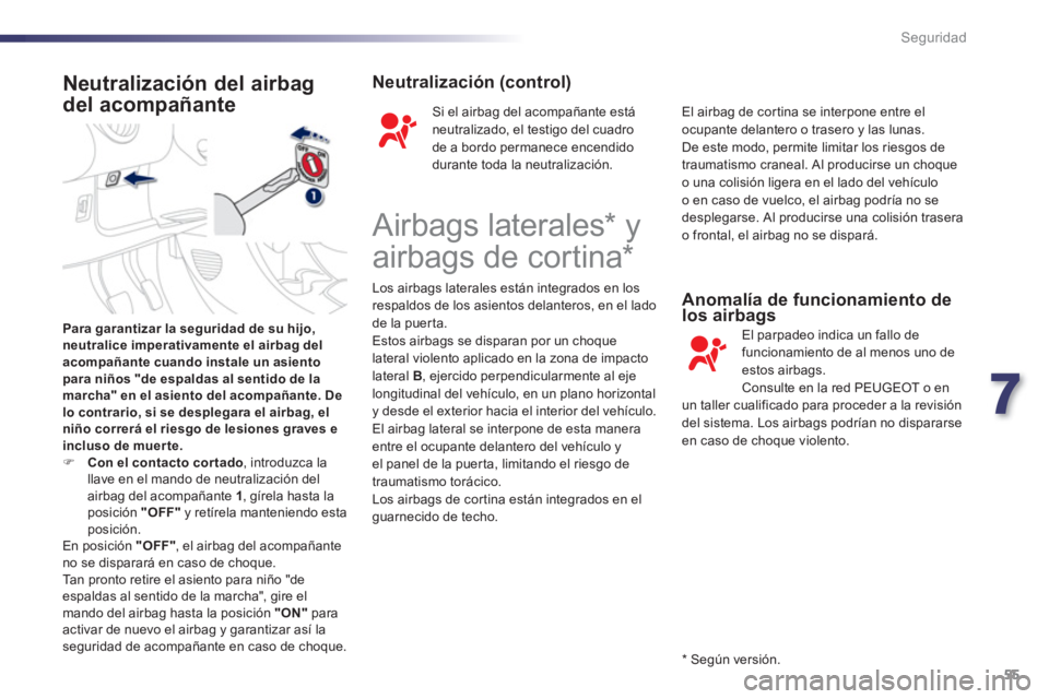 PEUGEOT 107 2012  Manual del propietario (in Spanish) 7
55 Seguridad
Para garantizar la seguridad de su hijo,
neutralice imperativamente el airbag delacompañante cuando instale un asientopara niños "de espaldas al sentido de la marcha" en el asiento de