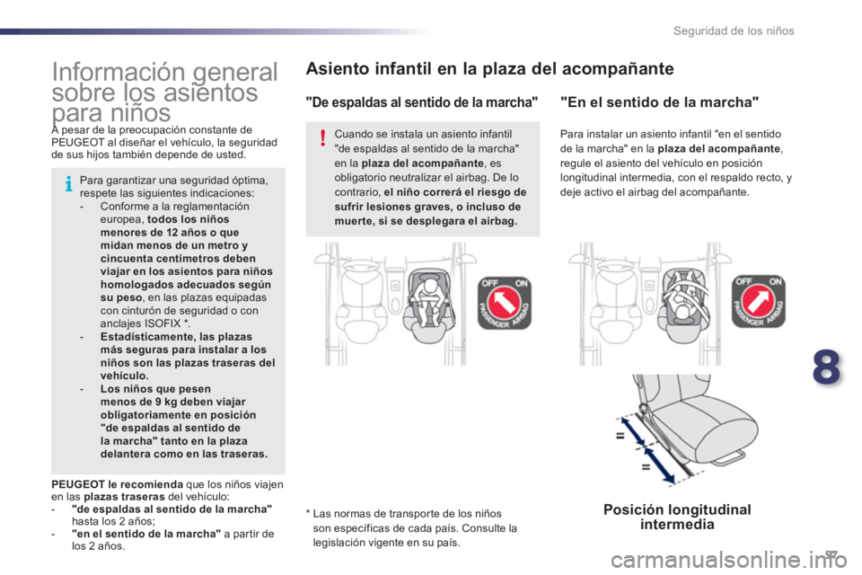 PEUGEOT 107 2012  Manual del propietario (in Spanish) 8
57 Seguridad de los niños
Asiento infantil en la plaza del acompañante  
*   
 
Las normas de transpor te de los niños 
son específicas de cada país. Consulte la legislación vigente en su paí