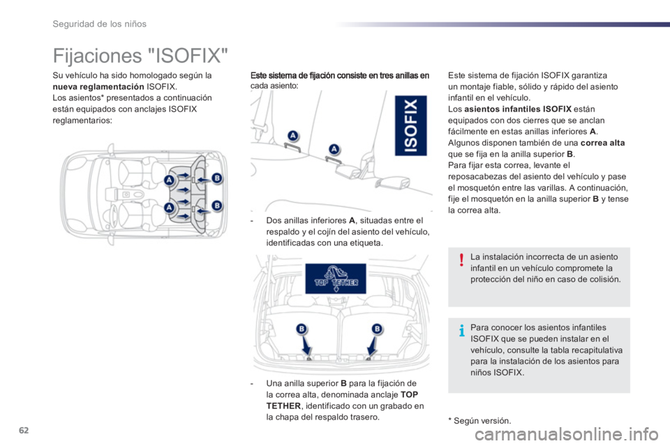 PEUGEOT 107 2012  Manual del propietario (in Spanish) 62Seguridad de los niños
   
 
 
 
 
 
 
 
 
 
 
 
 
 
Fijaciones "ISOFIX" 
cada asiento:   Este sistema de fijación ISOFIX garantiza
un montaje fiable, sólido y rápido del asiento
infantil en el 