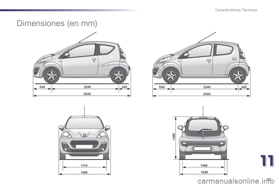 PEUGEOT 107 2012  Manual del propietario (in Spanish) 11
91 Características Técnicas
   
 
 
 
 
Dimensiones (en mm)  