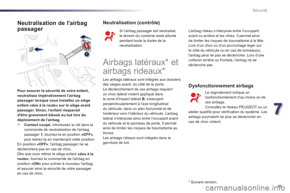 PEUGEOT 107 2012 Manuel du propriétaire (in French) 7
55 Sécurité
Pour assurer la sécurité de votre enfant,
neutralisez impérativement l’airbag passager lorsque vous installez un siègeenfant «dos à la route» sur le siège avantpassager. Sino PEUGEOT 107 2012 Manuel du propriétaire (in French) 7
55 Sécurité
Pour assurer la sécurité de votre enfant,
neutralisez impérativement l’airbag passager lorsque vous installez un siègeenfant «dos à la route» sur le siège avantpassager. Sino
