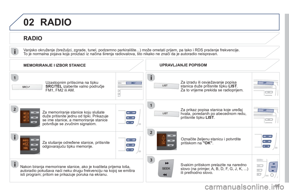 PEUGEOT 107 2012 Upute Za Rukovanje (in Croatian) 02
95
RADIO
Uzastopnim pritiscima na tipku SRC/TELizaberite valno područjeFM1, FM2 ili AM.
Za slušan
je određene stanice, pritisnite
odgovarajuću tipku memorije.
Označite željenu stanicu PEUGEOT 107 2012 Upute Za Rukovanje (in Croatian) 02
95
RADIO
Uzastopnim pritiscima na tipku SRC/TELizaberite valno područjeFM1, FM2 ili AM.
Za slušan
je određene stanice, pritisnite
odgovarajuću tipku memorije.
Označite željenu stanicu