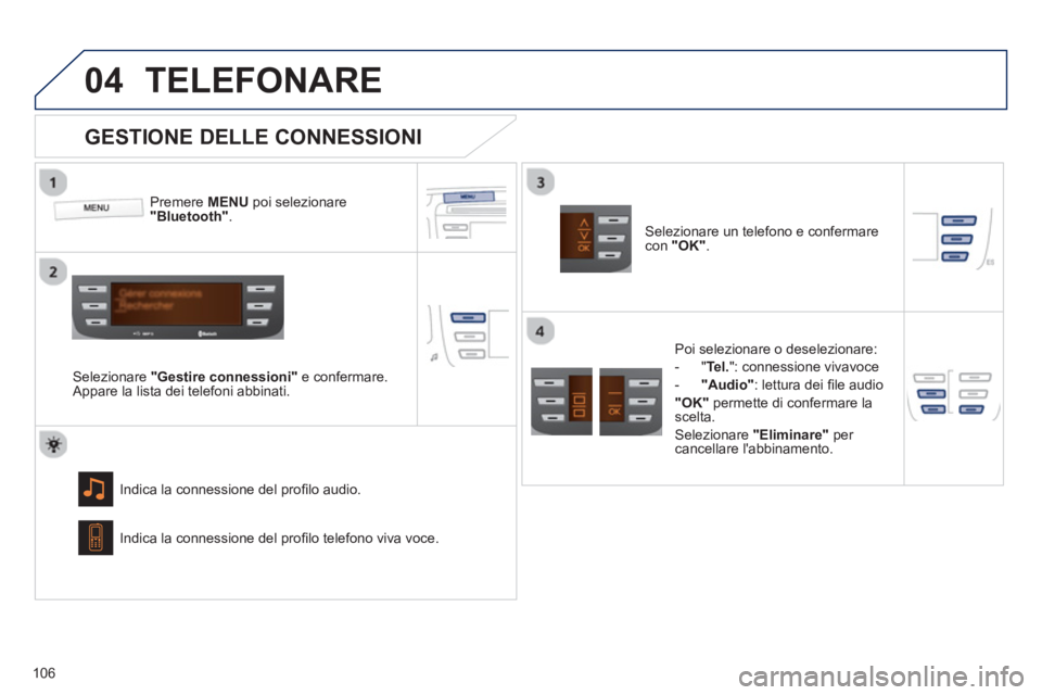 PEUGEOT 107 2012  Manuale duso (in Italian)  
04
106
TELEFONARE
Premere MENU 
 poi selezionare"Bluetooth".
Selezionare "Gestire connessioni"e confermare. 
Appare la lista dei telefoni abbinati.  
Indica la connessione del proﬁ lo audio. 
 
 
