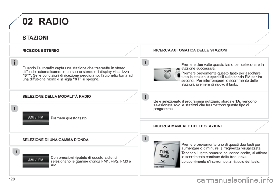 PEUGEOT 107 2012  Manuale duso (in Italian) 02
120
RADIO 
   
 
 
 
 
 
STAZIONI 
 
 Quando lautoradio capta una stazione che trasmette in stereo, 
diffonde automaticamente un suono stereo e il display visualizza"ST". Se le condizioni di ricez