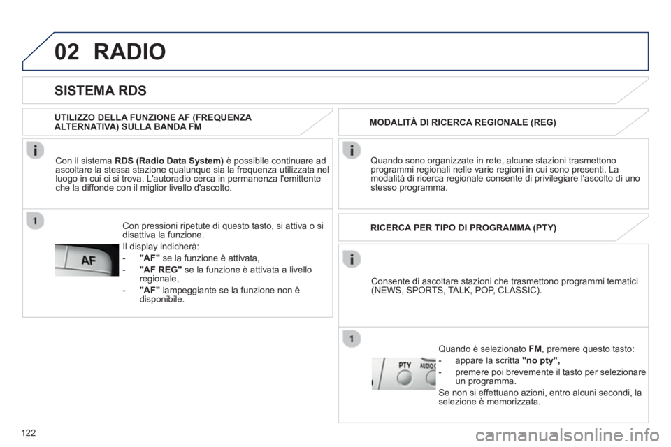 PEUGEOT 107 2012  Manuale duso (in Italian) 02
122
   Consente di ascoltare stazioni che trasmettono programmi tematici (NEWS, SPORTS, TALK, POP,  CLASSIC).  RICERCA PER TIPO DI PROGRAMMA 
(PTY)   
Quando è selezionato FM, premere questo tasto