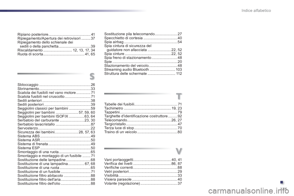 PEUGEOT 107 2012  Manuale duso (in Italian) .
135 Indice alfabetico
Ripiano posteriore.........................................41Ripiegamento/Aper tura dei retrovisori.........37Ripiegamento dello schienale dei 
sedili o della panchetta........