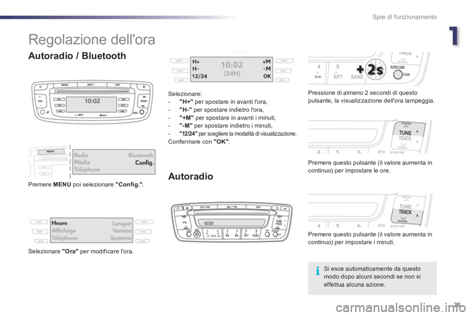 PEUGEOT 107 2012  Manuale duso (in Italian) 1
Spie di funzionamento
25
  Regolazione dellora 
Autoradio
 
 
Pressione di almeno 2 secondi di questo
pulsante, la visualizzazione dellora lampeggia.  
   
Premere questo pulsante 
(il valore aume