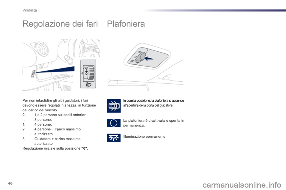 PEUGEOT 107 2012  Manuale duso (in Italian) 46Visibilità
   
 
 
 
 
Regolazione dei fari 
allaper tura della por ta del guidatore. 
 
La plafoniera è disattivata e spenta inpermanenza. 
 
 
 
 
 
 
Plafoniera 
 
Illuminazione permanente. Pe