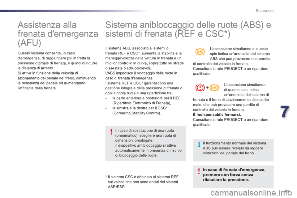 PEUGEOT 107 2012 Manuale duso (in Italian) 7
49 Sicurezza
Assistenza alla
frenata demergenza
(AFU)
Questo sistema consente, in caso
demergenza, di raggiungere più in fretta lapressione ottimale di frenata, e quindi di ri PEUGEOT 107 2012 Manuale duso (in Italian) 7
49 Sicurezza
Assistenza alla
frenata demergenza
(AFU)
Questo sistema consente, in caso
demergenza, di raggiungere più in fretta lapressione ottimale di frenata, e quindi di ri