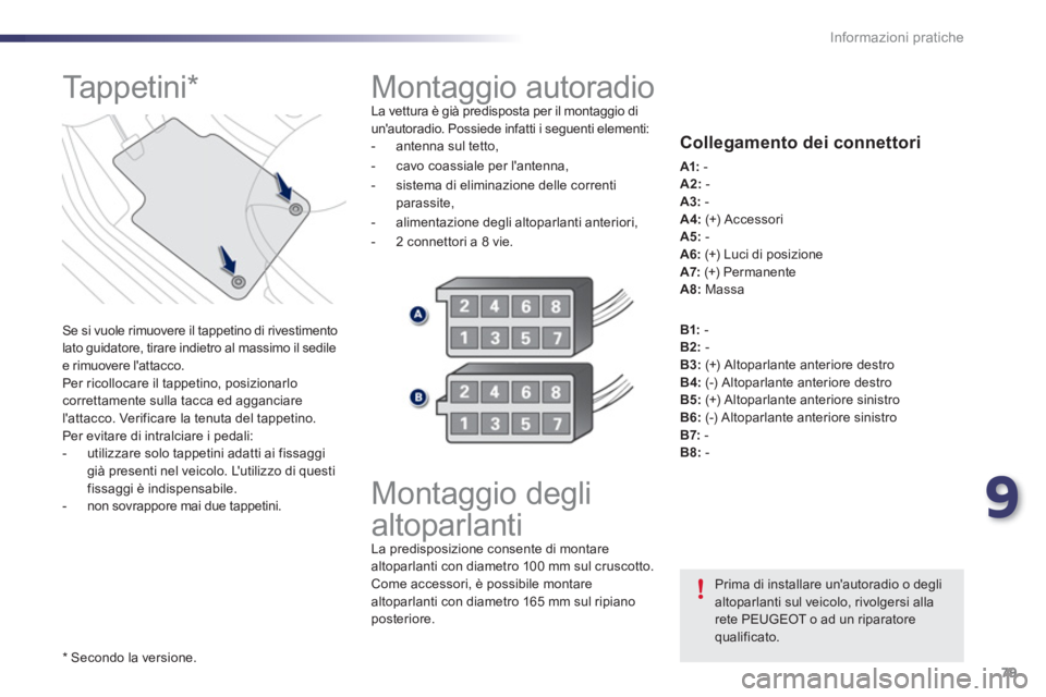 PEUGEOT 107 2012  Manuale duso (in Italian) 9
79 Informazioni pratiche
  Montaggio autoradio La vettura è già predisposta per il montaggio diunautoradio. Possiede infatti i seguenti elementi: 
-   antenna sul tetto,
-   cavo coassiale per l