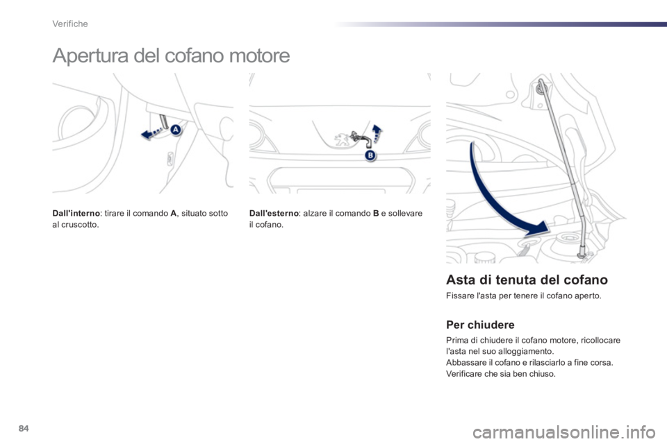 PEUGEOT 107 2012  Manuale duso (in Italian) 84Ver if iche
   
 
 
 
 
 
 
 
Apertura del cofano motore 
Dallesterno 
: alzare il comando B 
 e sollevareil cofano.  
 
 
Asta di tenuta del cofano 
 
Fissare lasta per tenere il cofano aper to.
