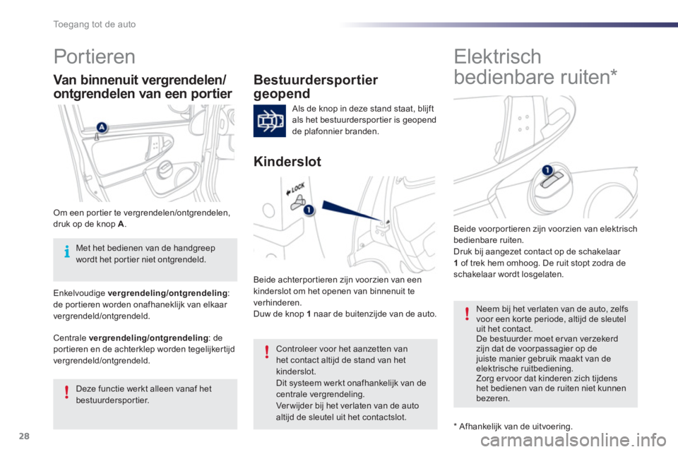 PEUGEOT 107 2012  Instructieboekje (in Dutch) 28Toegang tot de auto
   
 
 
 
 
Elektrisch 
bedienbare ruiten *  
     
 
 
 
 
 
 
 
Por tieren 
Bestuurdersportier 
geopend 
 
Als de knop in deze stand staat, blijft 
als het bestuurdersportier i