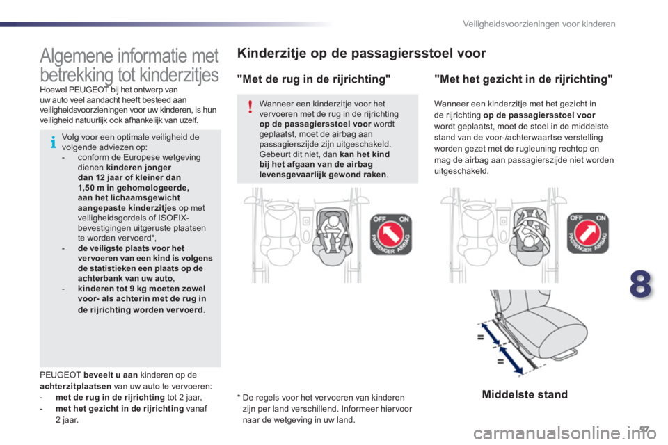 PEUGEOT 107 2012  Instructieboekje (in Dutch) 8
57 Veiligheidsvoorzieningen voor kinderen
Kinderzitje op de passagiersstoel voor  
* 
 
  De regels voor het ver voeren van kinderenzijn per land verschillend. Informeer hiervoor 
naar de wetgeving 