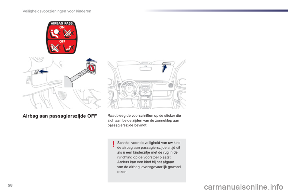 PEUGEOT 107 2012  Instructieboekje (in Dutch) 58Veiligheidsvoorzieningen voor kinderen
Airbag aan passagierszijde OFF   
 
Raadpleeg de voorschriften op de sticker diezich aan beide zijden van de zonneklep aan 
passagierszijde bevindt:  
 
 Schak