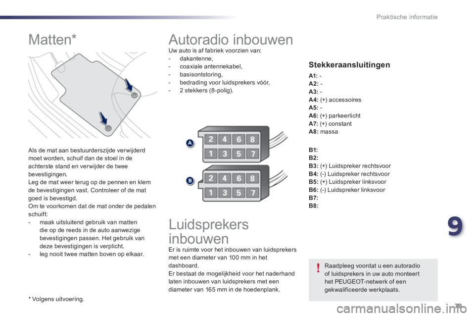 PEUGEOT 107 2012  Instructieboekje (in Dutch) 9
79 Praktische informatie
  Autoradio inbouwen Uw auto is af fabriek voorzien van: 
-  dakantenne, 
-  coaxiale antennekabel,
-  basisontstorin
g,
-  bedrading voor luidsprekers vóór, 
-  2 stekker