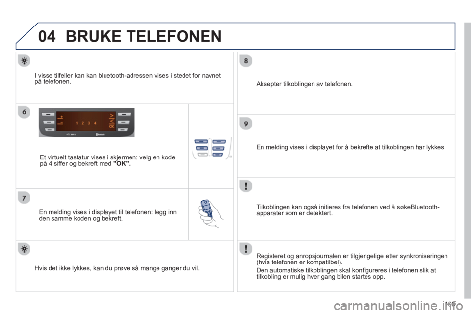 PEUGEOT 107 2012 Instruksjoner for bruk (in Norwegian) 04
105
BRUKE TELEFONEN
Et virtuelt tastatur vises i skjermen: velg en kode på 4 siffer og bekreft med "OK".
En melding vises i displayet til telefonen: legg inn
den samme koden og bekreft. PEUGEOT 107 2012 Instruksjoner for bruk (in Norwegian) 04
105
BRUKE TELEFONEN
Et virtuelt tastatur vises i skjermen: velg en kode på 4 siffer og bekreft med "OK".
En melding vises i displayet til telefonen: legg inn
den samme koden og bekreft.