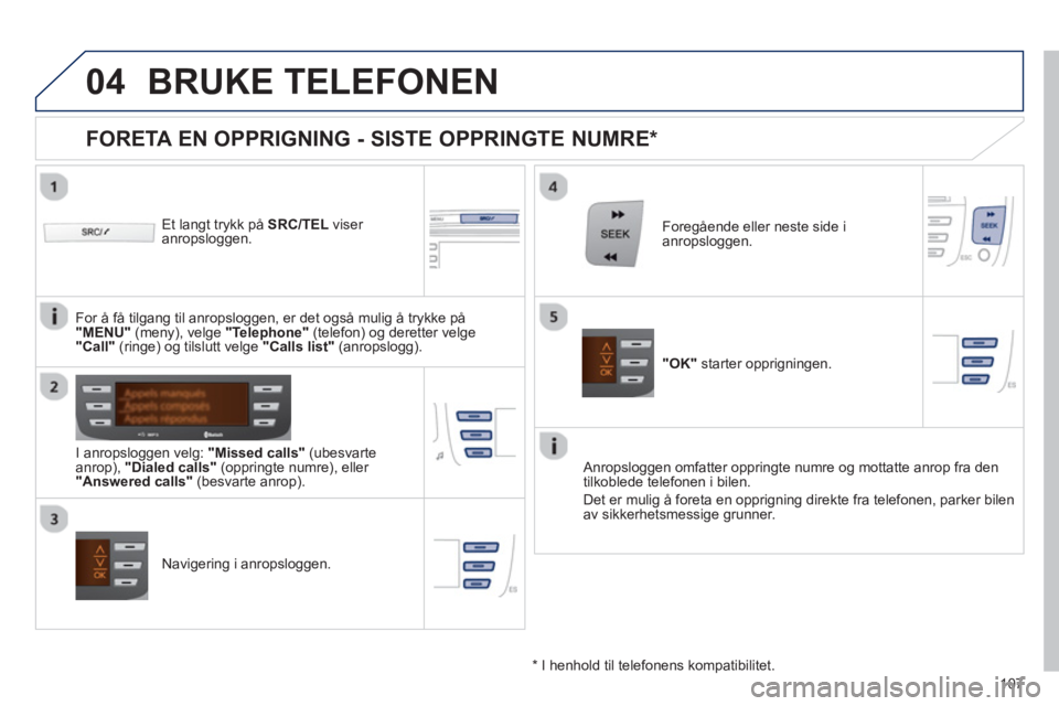 PEUGEOT 107 2012 Instruksjoner for bruk (in Norwegian)
04
107
BRUKE TELEFONEN
Et langt trykk på SRC/TEL
viser
anropsloggen.
I anropslo
ggen velg: "Missed calls"
(ubesvarte
anrop), "Dialed calls"
(oppringte numre), eller "Answered PEUGEOT 107 2012 Instruksjoner for bruk (in Norwegian)
04
107
BRUKE TELEFONEN
Et langt trykk på SRC/TEL
viser
anropsloggen.
I anropslo
ggen velg: "Missed calls"
(ubesvarte
anrop), "Dialed calls"
(oppringte numre), eller "Answered