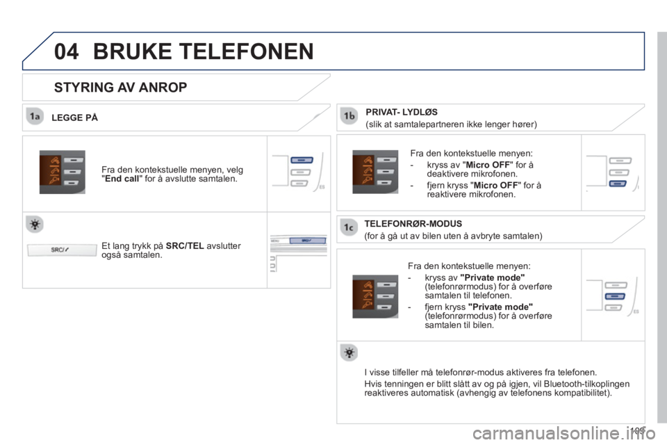 PEUGEOT 107 2012  Instruksjoner for bruk (in Norwegian)  
04
109
BRUKE TELEFONEN 
   
LEGGE PÅ 
   
Fra den kontekstuelle men
yen: 
   
-  
kryss av" Private mode "(telefonrørmodus) for å overføresamtalen til telefonen. 
   
-  
fjern kryss "Private mo