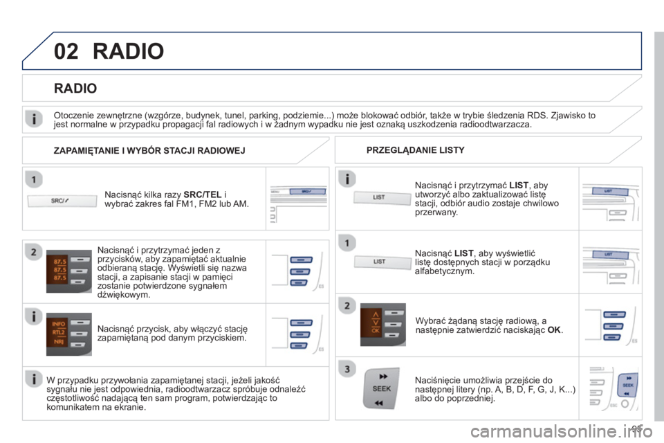 PEUGEOT 107 2012  Instrukcja obsługi (in Polish) 02
95
RADIO 
   
Nacisnąć kilka razySRC/TELiwybrać zakres fal FM1, FM2 lub AM.
Nacisnąć prz
ycisk, aby włączyć stację
zapamiętaną pod danym przyciskiem.    
W
ybrać żądaną stację radio