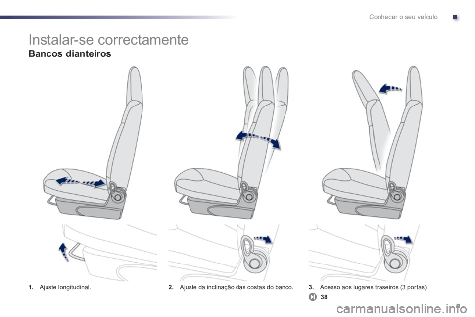 PEUGEOT 107 2012 Manual de utilização (in Portuguese) .Conhecer o seu veículo
9
1. Ajuste longitudinal. 2.
Ajuste da inclinação das costas do banco. 3.Acesso aos lugares traseiros (3 por tas).
Instalar-se correctamente
Bancos dianteiros
38 PEUGEOT 107 2012 Manual de utilização (in Portuguese) .Conhecer o seu veículo
9
1. Ajuste longitudinal. 2.
Ajuste da inclinação das costas do banco. 3.Acesso aos lugares traseiros (3 por tas).
Instalar-se correctamente
Bancos dianteiros
38