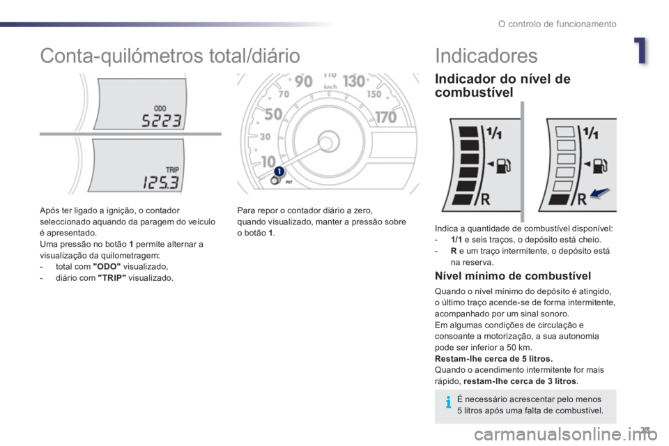PEUGEOT 107 2012  Manual de utilização (in Portuguese) 1
O controlo de funcionamento
23
   
 
 
 
 
 
 
 
 
 
 
Conta-quilómetros total/diário    
 
 
 
 
 
 
 
 
 
 
 
 
 
 
 
 
Indicadores 
 
Indica a quantidade de combustível disponível:
   
 
-   