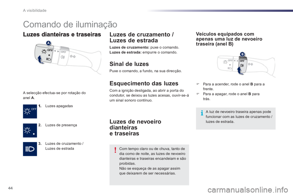 PEUGEOT 107 2012 Manual de utilização (in Portuguese) OFF
44A visibilidade
Comando de iluminação
Luzes apagadas
2
.Luzes de presença
3. Luzes de cruzam PEUGEOT 107 2012 Manual de utilização (in Portuguese) OFF
44A visibilidade
Comando de iluminação
Luzes apagadas
2
.Luzes de presença
3. Luzes de cruzam