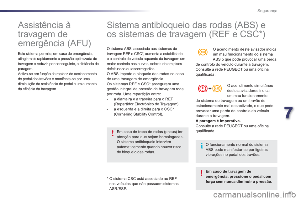 PEUGEOT 107 2012 Manual de utilização (in Portuguese) 7
49 Segurança
Assistência à
travagem de
emergência (AFU)
Este sistema permite, em caso de emergência,
atingir mais rapidamente a pressão optimizada de
travagem e reduzir, PEUGEOT 107 2012 Manual de utilização (in Portuguese) 7
49 Segurança
Assistência à
travagem de
emergência (AFU)
Este sistema permite, em caso de emergência,
atingir mais rapidamente a pressão optimizada de
travagem e reduzir,