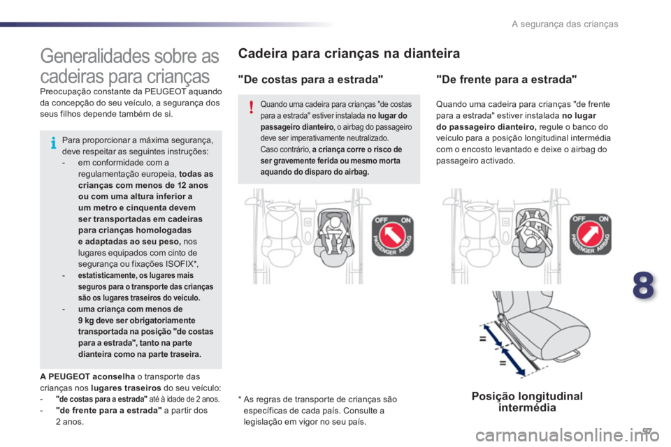 PEUGEOT 107 2012 Manual de utilização (in Portuguese) 8
57 A segurança das crianças
Cadeira para crianças na dianteira
*
As regras de transpor te de crianças sãoespecíficas de cada país. Consulte a legislação em vigor no seu país.
PEUGEOT 107 2012 Manual de utilização (in Portuguese) 8
57 A segurança das crianças
Cadeira para crianças na dianteira
*
As regras de transpor te de crianças sãoespecíficas de cada país. Consulte a legislação em vigor no seu país.