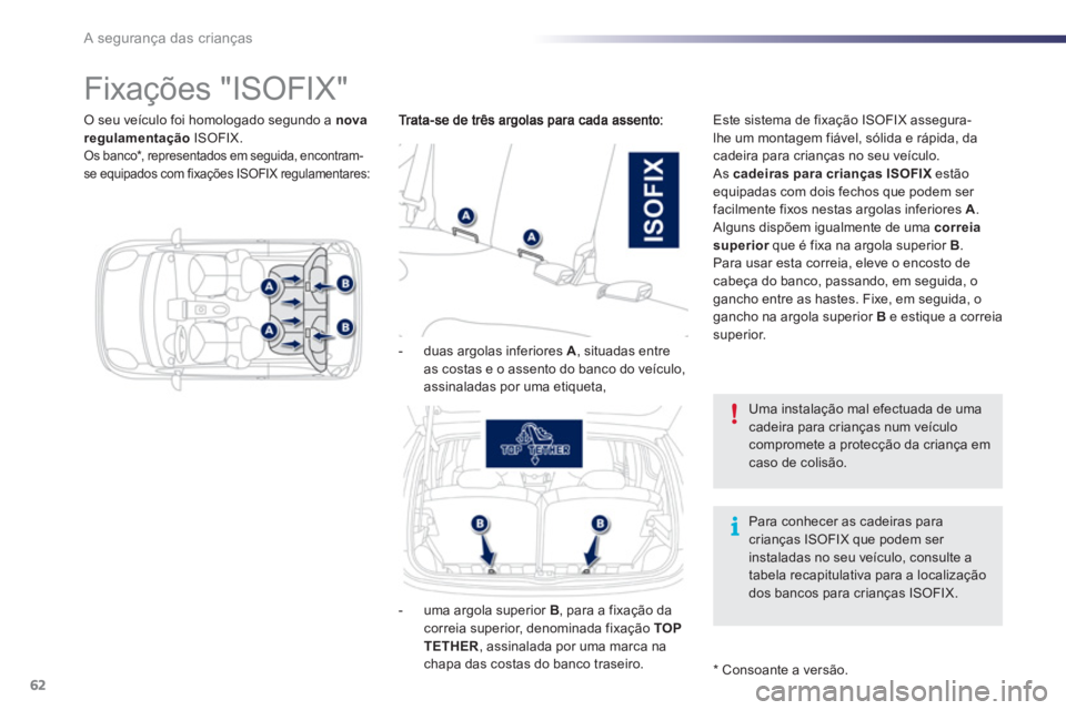 PEUGEOT 107 2012  Manual de utilização (in Portuguese) 62A segurança das crianças
   
 
 
 
 
 
 
 
 
 
 
 
 
Fixações "ISOFIX" 
 
Este sistema de fixação ISOFIX assegura-
lhe um montagem fiável, sólida e rápida, da cadeira para crianças no seu 